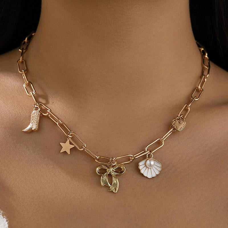 Exquisite Charms Pearl Pendant Necklace for Women Stainless Steel Gold Color Bow Charm Choker Conch Shell Fashion Jewelry