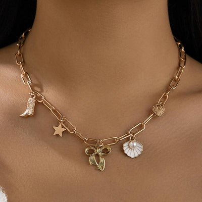 Exquisite Charms Pearl Pendant Necklace for Women Stainless Steel Gold Color Bow Charm Choker Conch Shell Fashion Jewelry