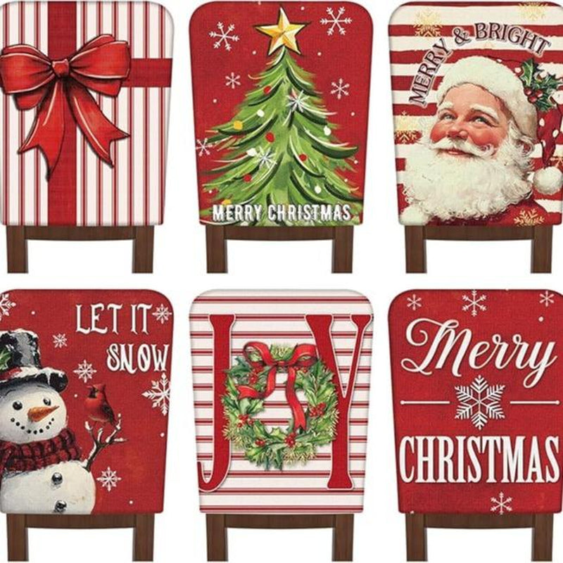 6 Pcs Christmas Chair Covers Christmas Themed Chair Back Covers Designed with Santa Clause Snowman Christmas Tree Elk Snowflake Nativity Patterns, Christmas Gifts, Festive Holiday Chair Protector for Home Dining Room Living Room Bedroom Decorations