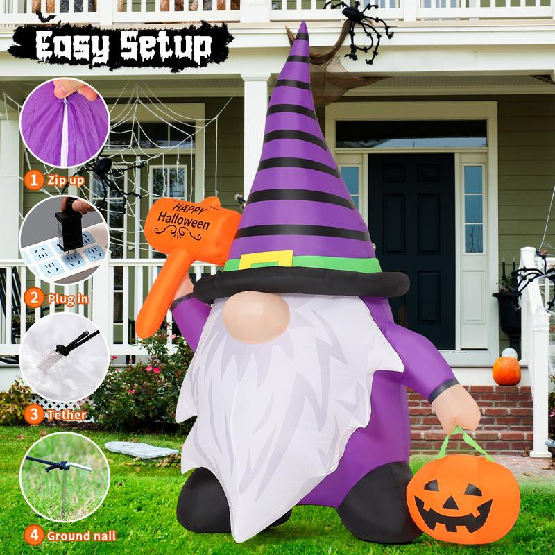 Halloween Gnome Inflatables 6.7 FT Outdoor Decorations, Halloween Gnome Blow up Yard Decorations Built-In LED Lights for Halloween Decoration, Purple