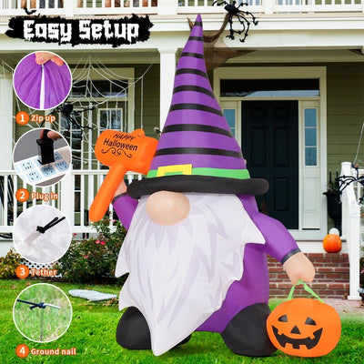 Halloween Gnome Inflatables 6.7 FT Outdoor Decorations, Halloween Gnome Blow up Yard Decorations Built-In LED Lights for Halloween Decoration, Purple