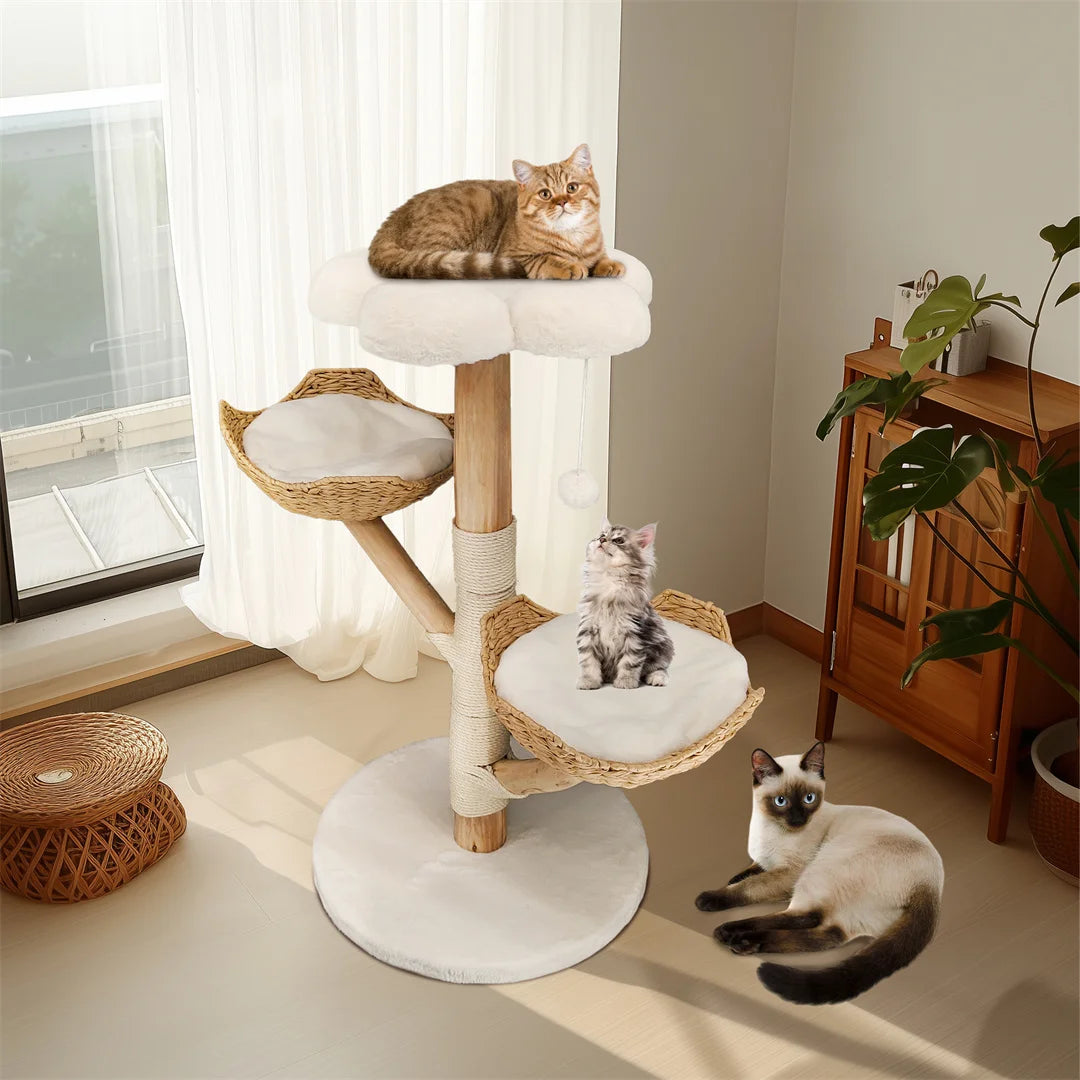 110cm Natural Wood Cat Tree Tower - Modern 3-Tier Climbing Furniture with Sisal Scratching Post & Plush Basket