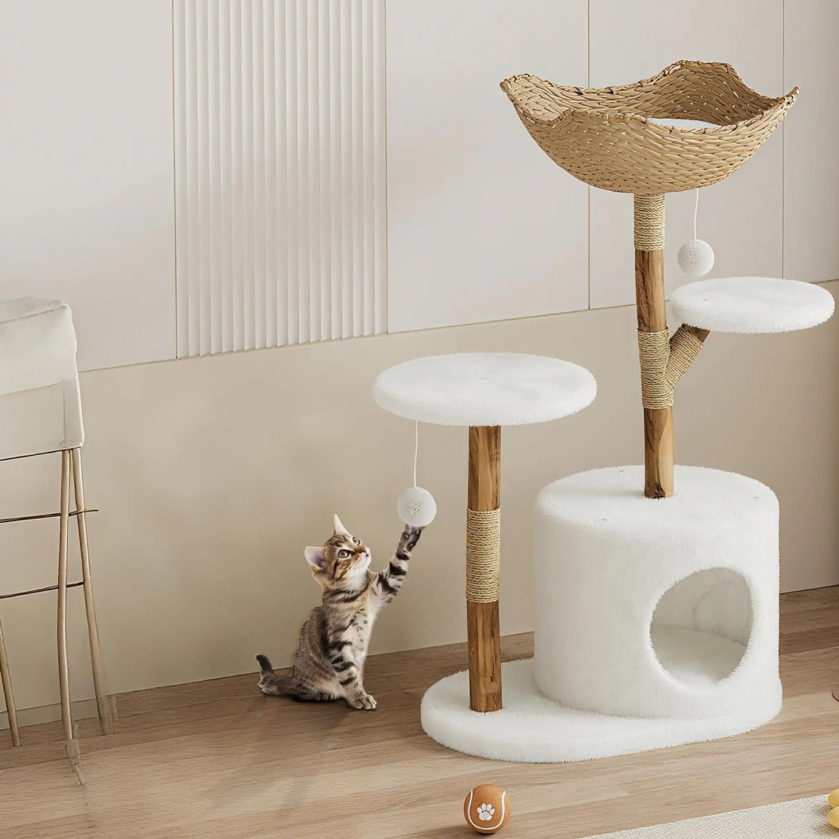 Modern Cat Tree with Real Wood – Wicker Condo & Scratching Post for Indoor Cats