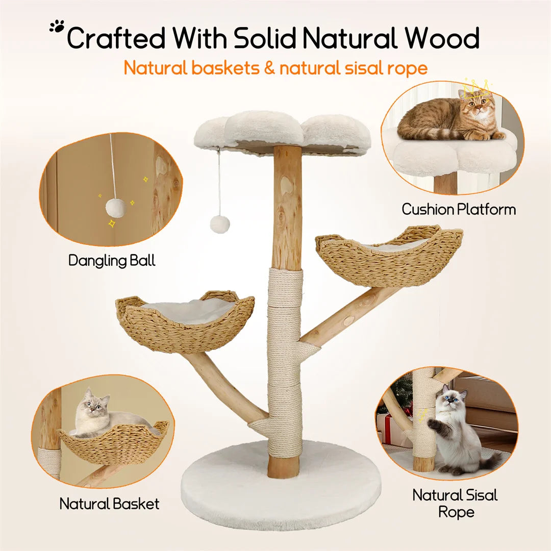 110cm Natural Wood Cat Tree Tower - Modern 3-Tier Climbing Furniture with Sisal Scratching Post & Plush Basket