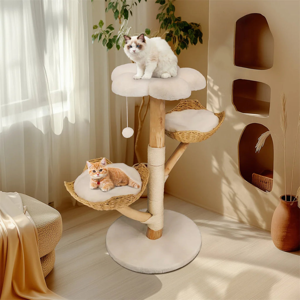 110cm Natural Wood Cat Tree Tower - Modern 3-Tier Climbing Furniture with Sisal Scratching Post & Plush Basket