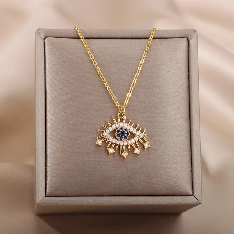 Zircon Blue Evil Eye Necklace for Women Gold Color Stainless Steel Necklace Lucky Turkish Eye Pendants Chain Jewelry Gift Collar