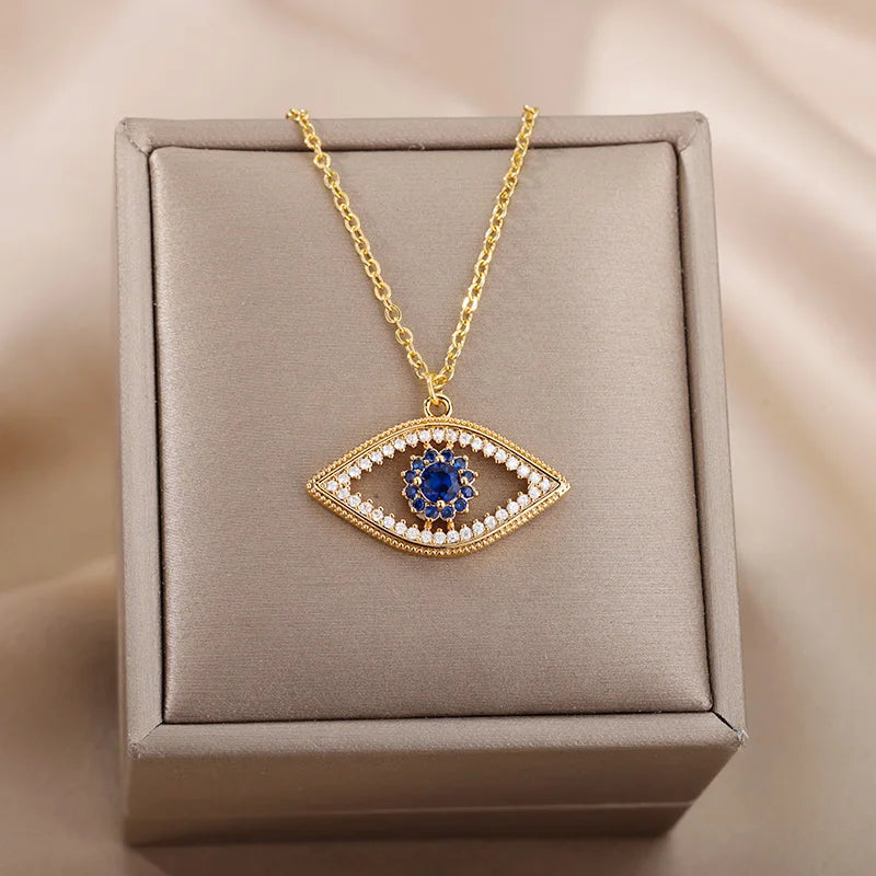 Zircon Blue Evil Eye Necklace for Women Gold Color Stainless Steel Necklace Lucky Turkish Eye Pendants Chain Jewelry Gift Collar