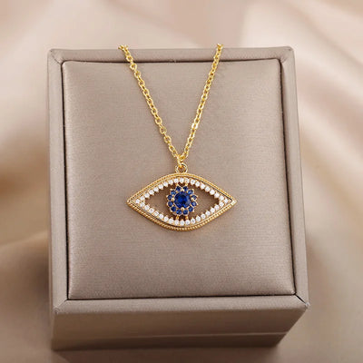 Zircon Blue Evil Eye Necklace for Women Gold Color Stainless Steel Necklace Lucky Turkish Eye Pendants Chain Jewelry Gift Collar