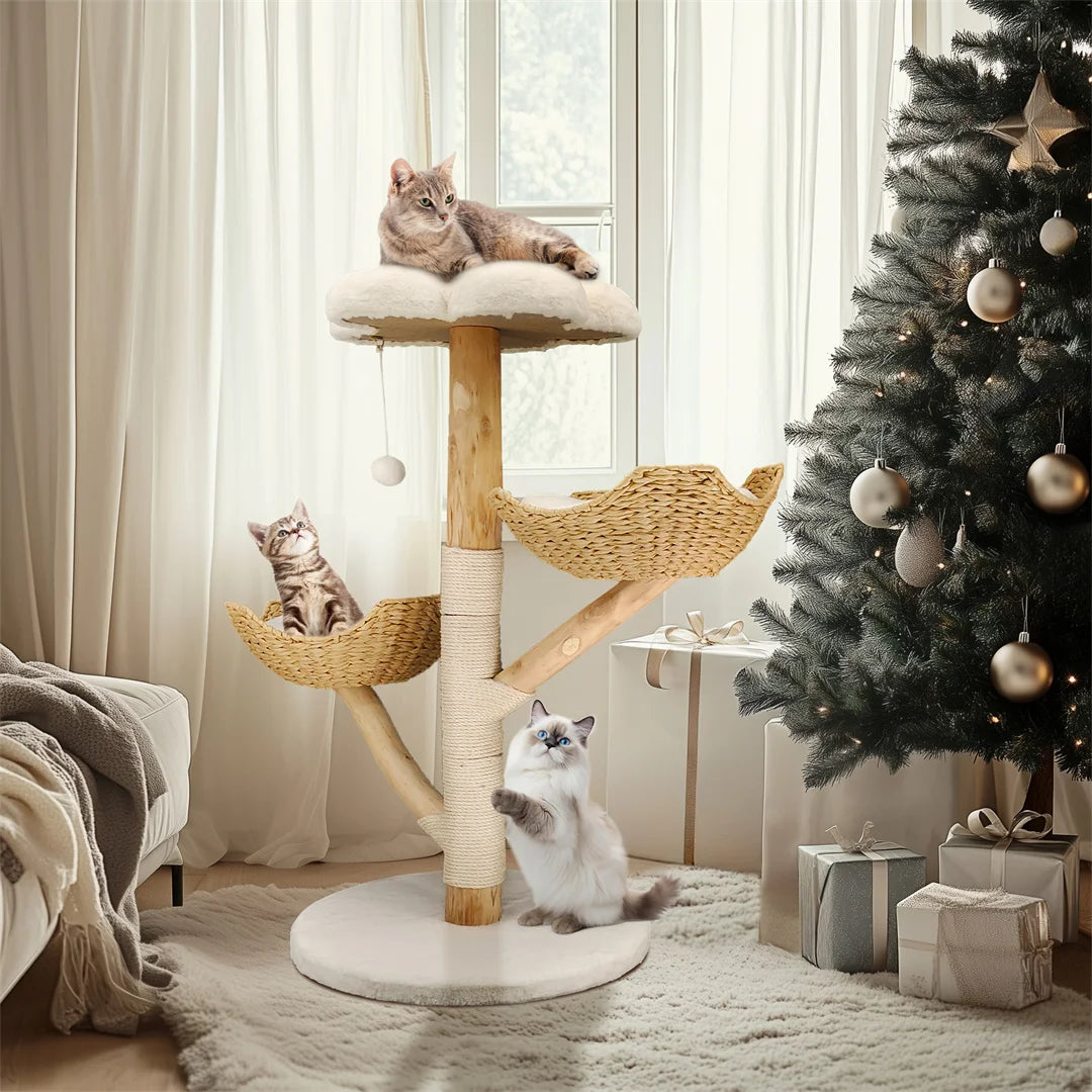110cm Natural Wood Cat Tree Tower - Modern 3-Tier Climbing Furniture with Sisal Scratching Post & Plush Basket