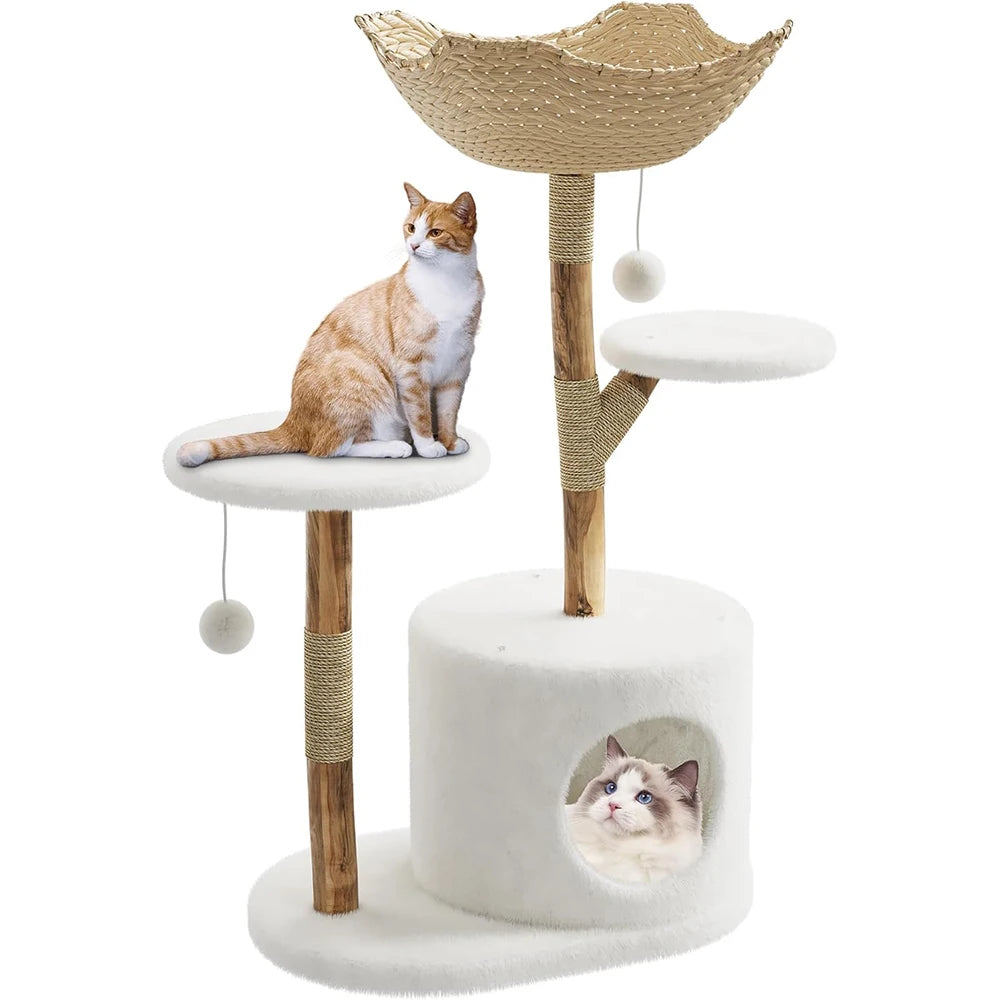 Modern Cat Tree with Real Wood – Wicker Condo & Scratching Post for Indoor Cats