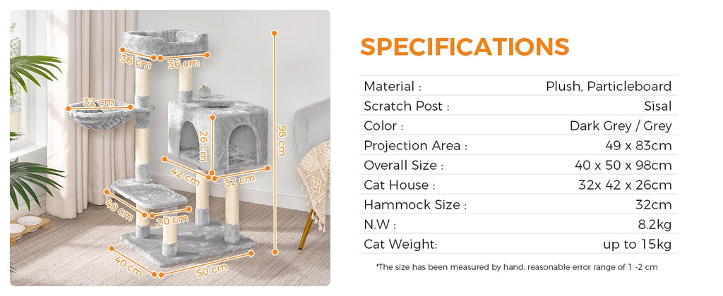 96cm Premium Cat Tree Tower - 6 Sisal Scratching Posts, Large Perch & Cozy Condo for Indoor/Large Cats
