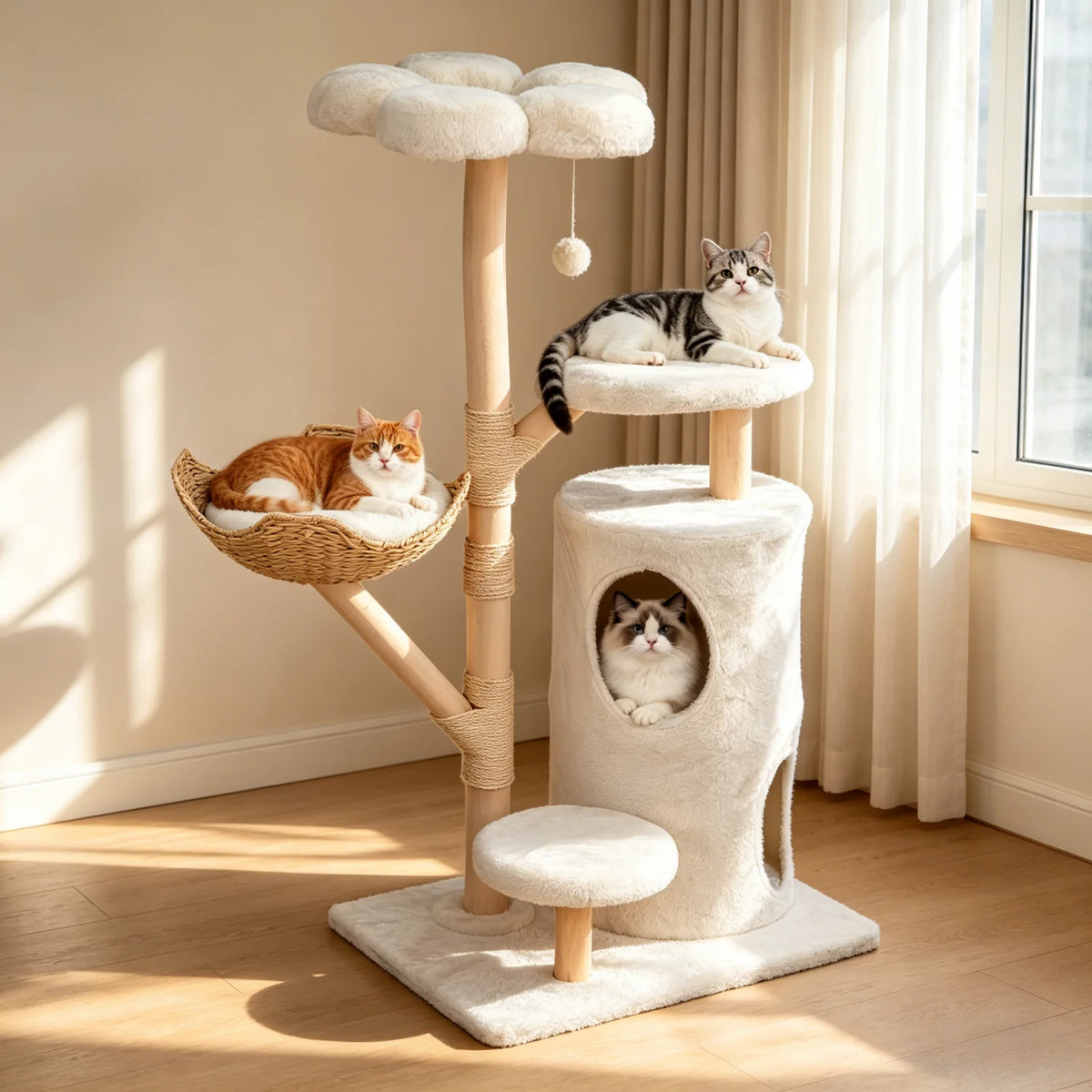 142cm Tall Cat Tree Tower – Large Cat Activity Center with Wicker Basket, Scratching Posts & Cozy Indoor Cat House