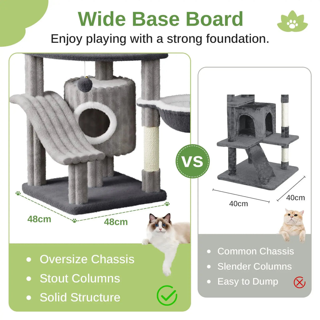 Large 162cm cat tree with five-tier structure and sisal scratching posts - comparison of wide based board with concurrency