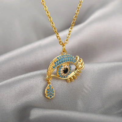 Zircon Blue Evil Eye Necklace for Women Gold Color Stainless Steel Necklace Lucky Turkish Eye Pendants Chain Jewelry Gift Collar