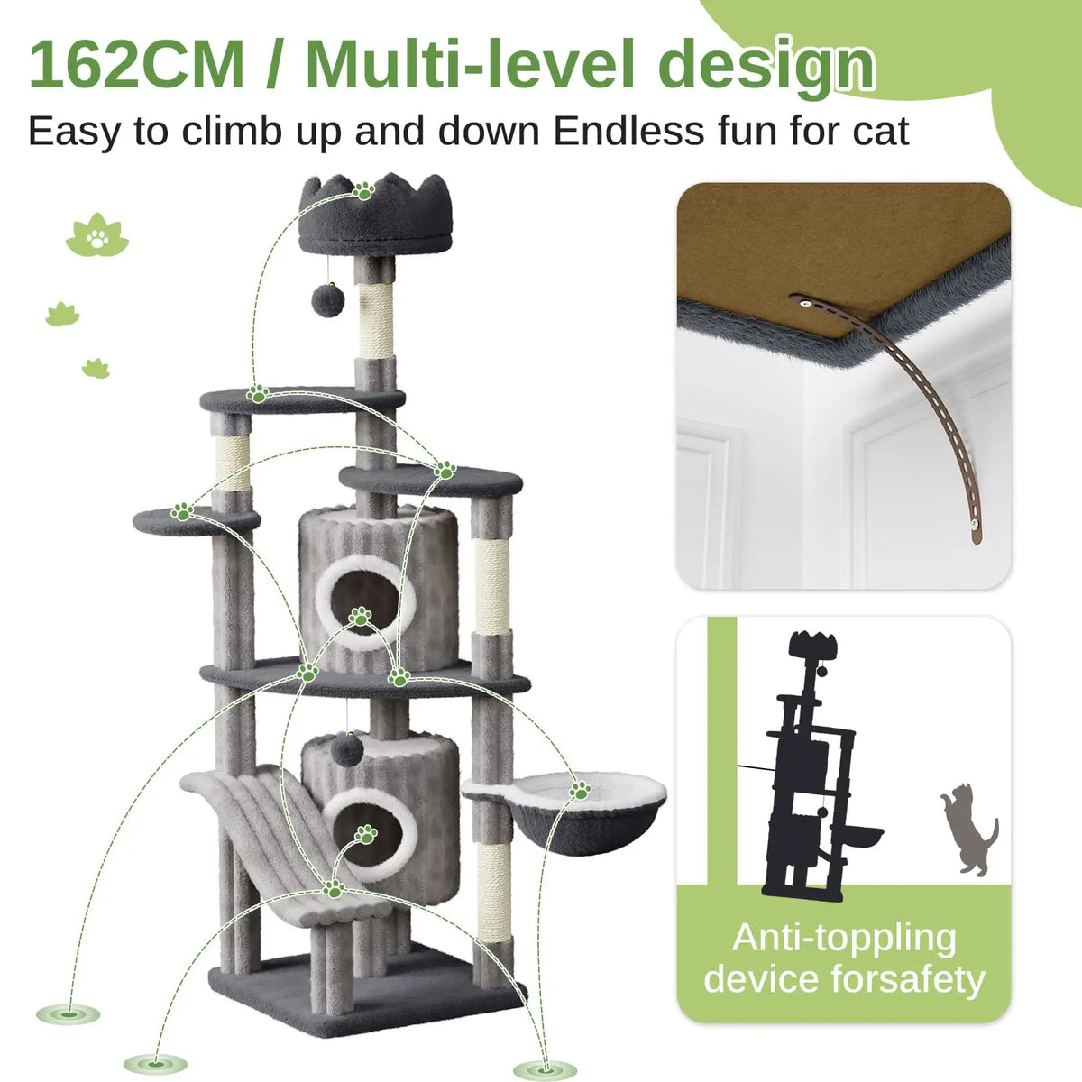 Close-up of cozy hammock and platform on large multi-level cat tree