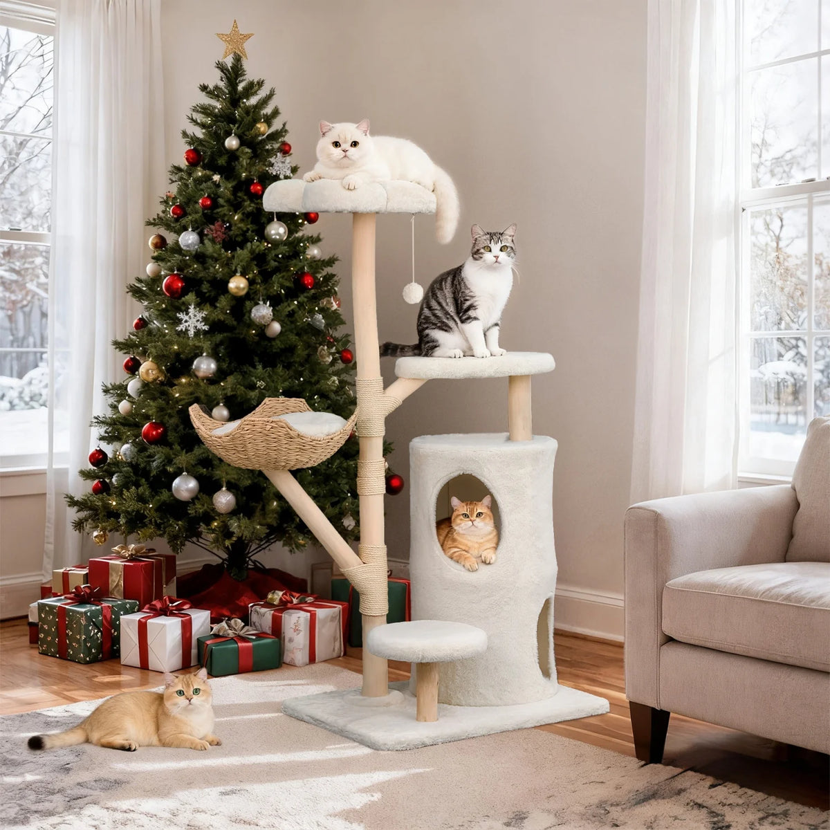 142cm Tall Cat Tree Tower – Large Cat Activity Center with Wicker Basket, Scratching Posts & Cozy Indoor Cat House