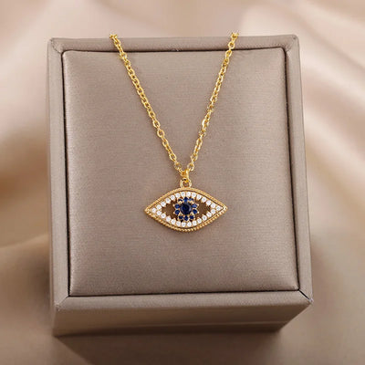 Zircon Blue Evil Eye Necklace for Women Gold Color Stainless Steel Necklace Lucky Turkish Eye Pendants Chain Jewelry Gift Collar