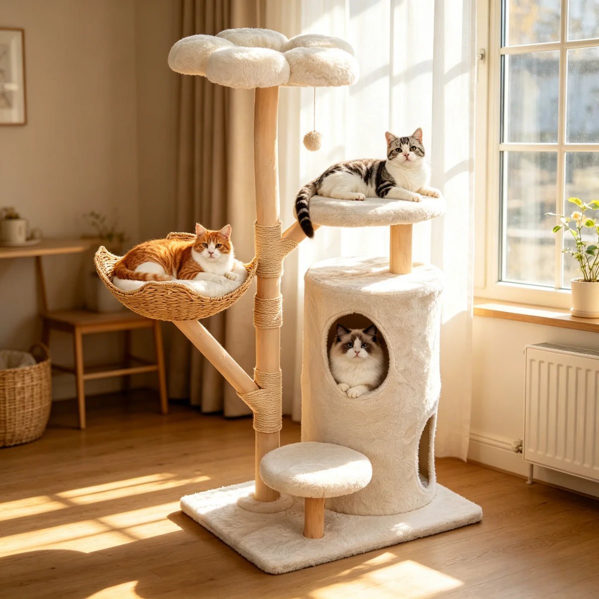 142cm Tall Cat Tree Tower – Large Cat Activity Center with Wicker Basket, Scratching Posts & Cozy Indoor Cat House