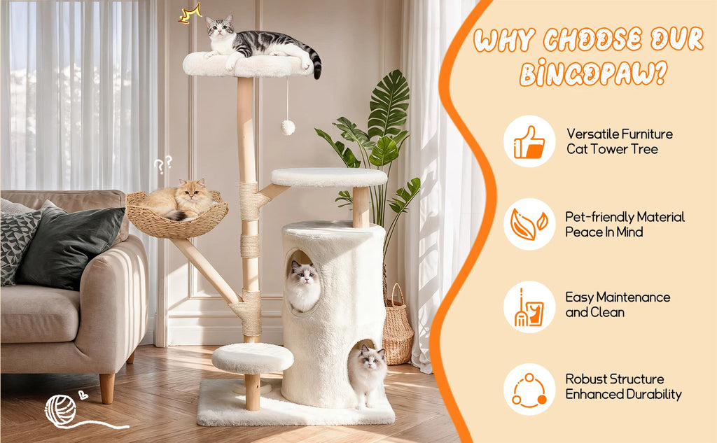 142cm Tall Cat Tree Tower – Large Cat Activity Center with Wicker Basket, Scratching Posts & Cozy Indoor Cat House