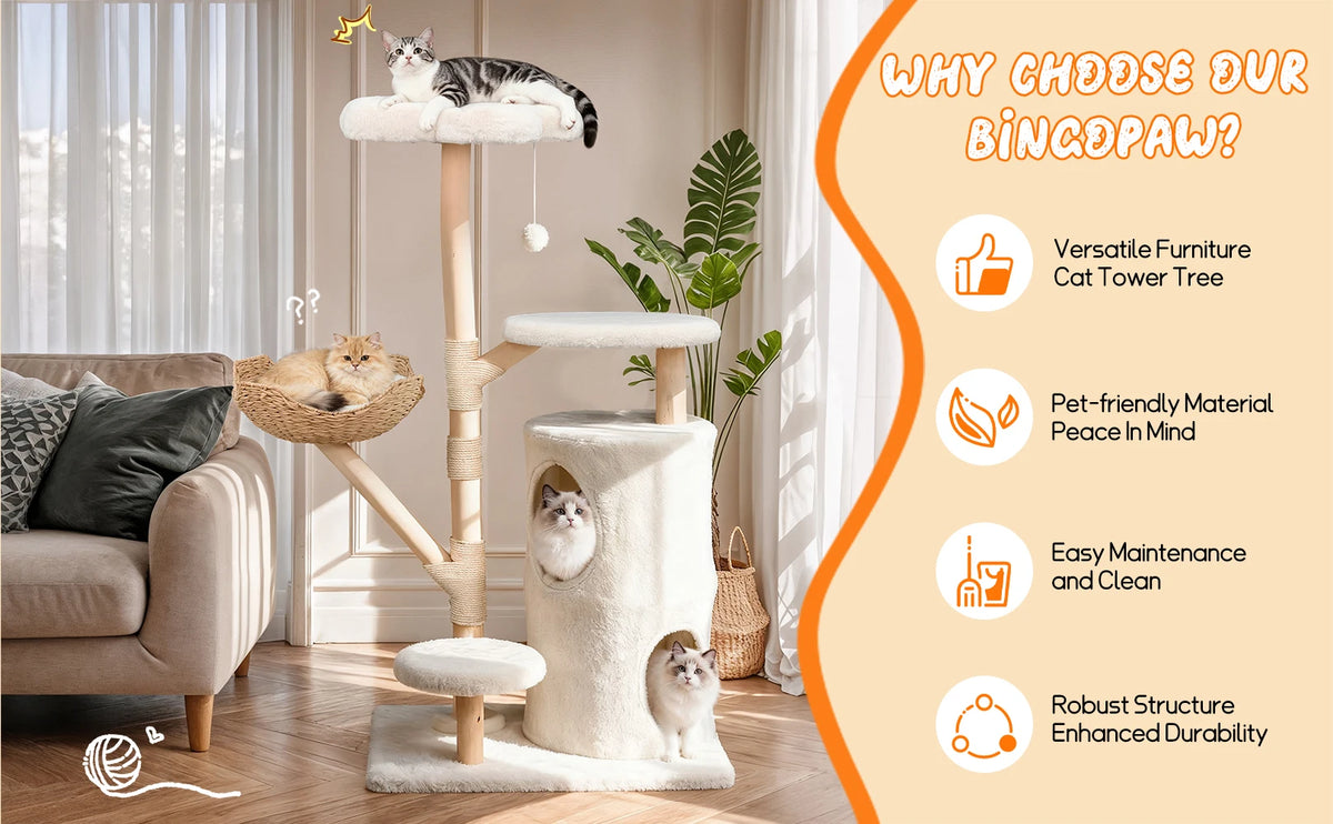 142cm Tall Cat Tree Tower – Large Cat Activity Center with Wicker Basket, Scratching Posts & Cozy Indoor Cat House