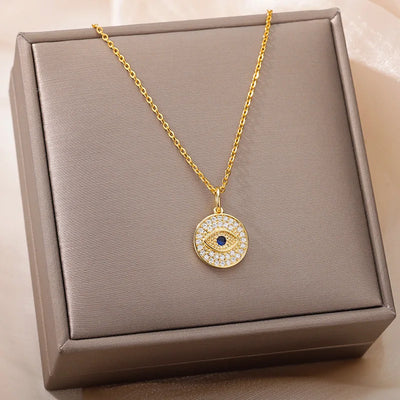 Zircon Blue Evil Eye Necklace for Women Gold Color Stainless Steel Necklace Lucky Turkish Eye Pendants Chain Jewelry Gift Collar