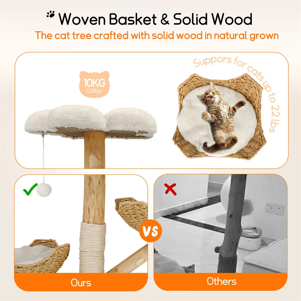 110cm Natural Wood Cat Tree Tower - Modern 3-Tier Climbing Furniture with Sisal Scratching Post & Plush Basket