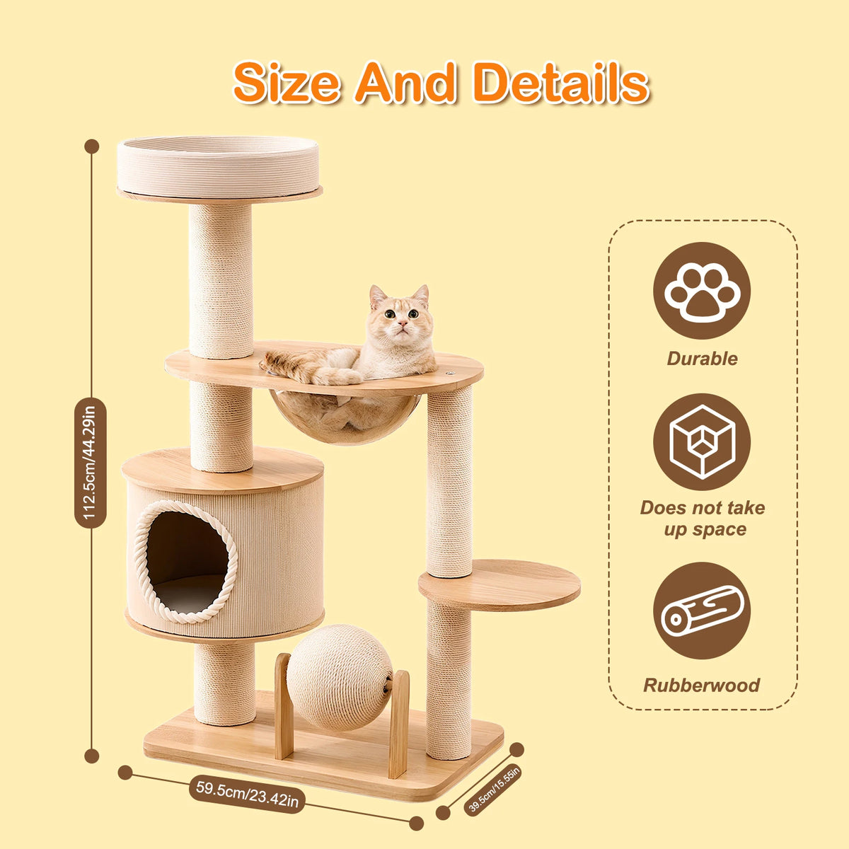 Cat Tree for Large Cats - 5 Tier Heavy Duty Cat Tower with XXL Hammock, Sisal Scratching Posts & Multi-Level Platforms | Indoor Cat Climbing Furniture - size and details