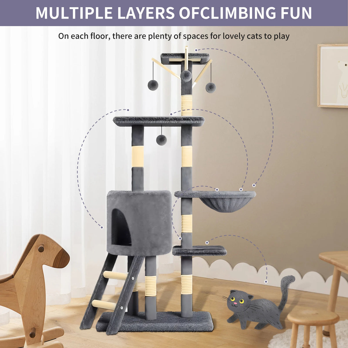 Large cat tree showing multiple platforms and cozy basket detail