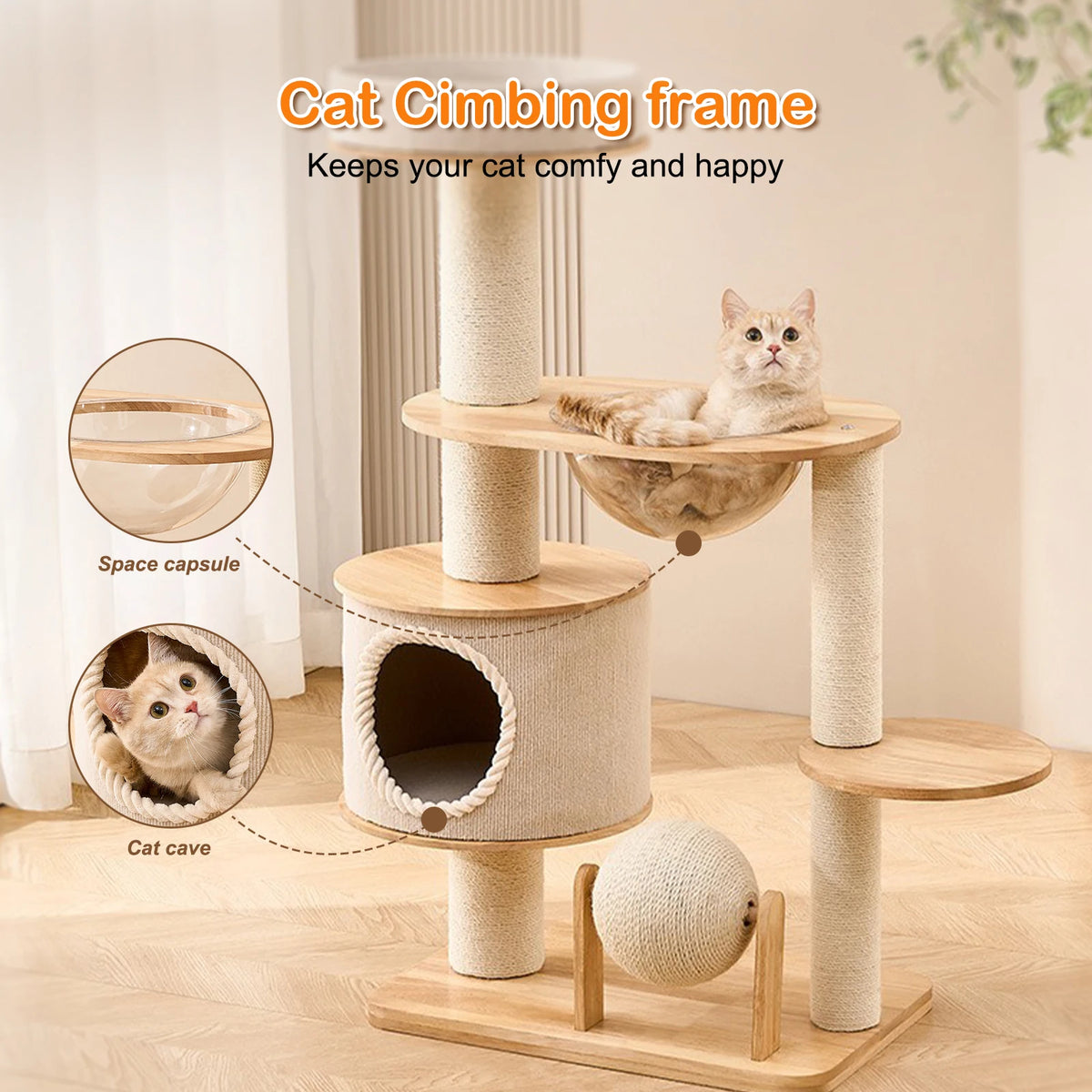 Cat Tree for Large Cats - 5 Tier Heavy Duty Cat Tower with XXL Hammock, Sisal Scratching Posts & Multi-Level Platforms | Indoor Cat Climbing Furniture - front view multi level1