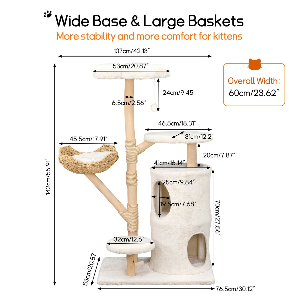 142cm Tall Cat Tree Tower – Large Cat Activity Center with Wicker Basket, Scratching Posts & Cozy Indoor Cat House