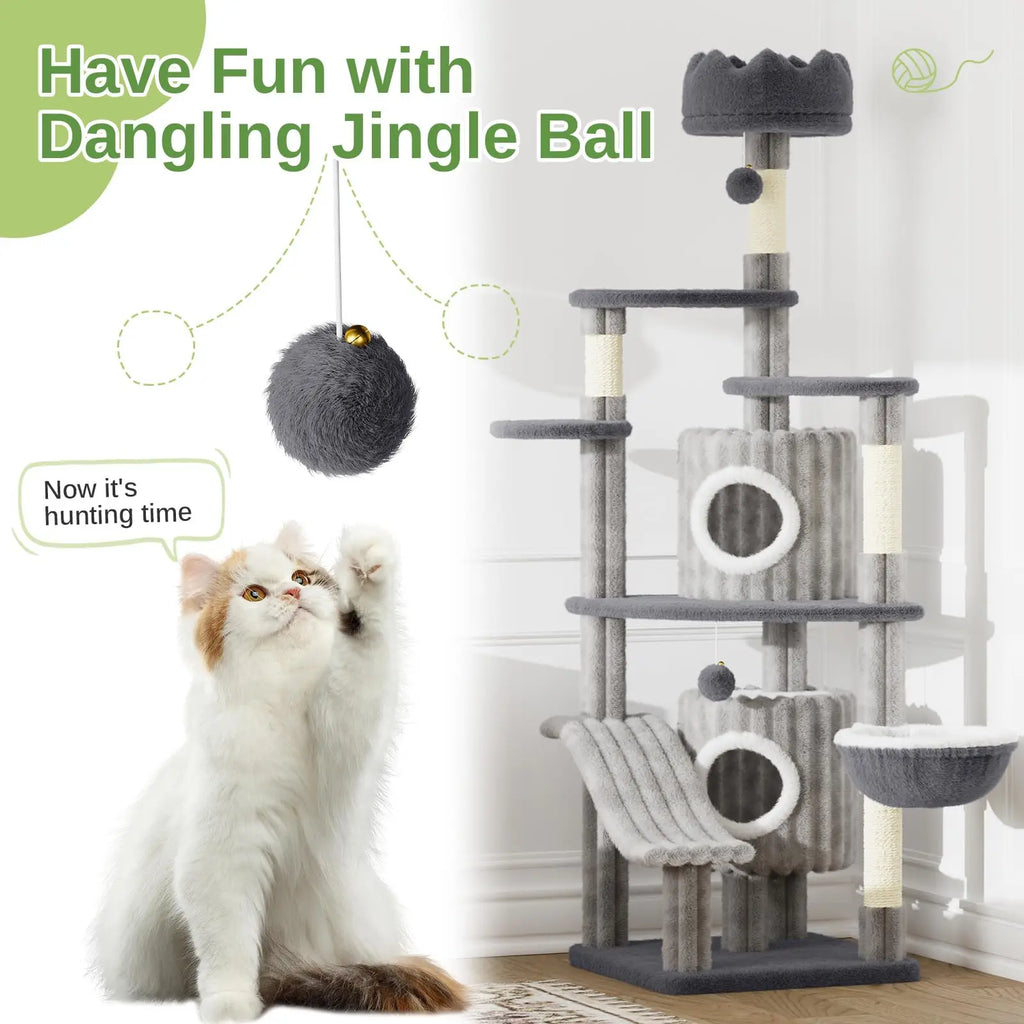 Multiple cats enjoying different levels of large cat tree simultaneously