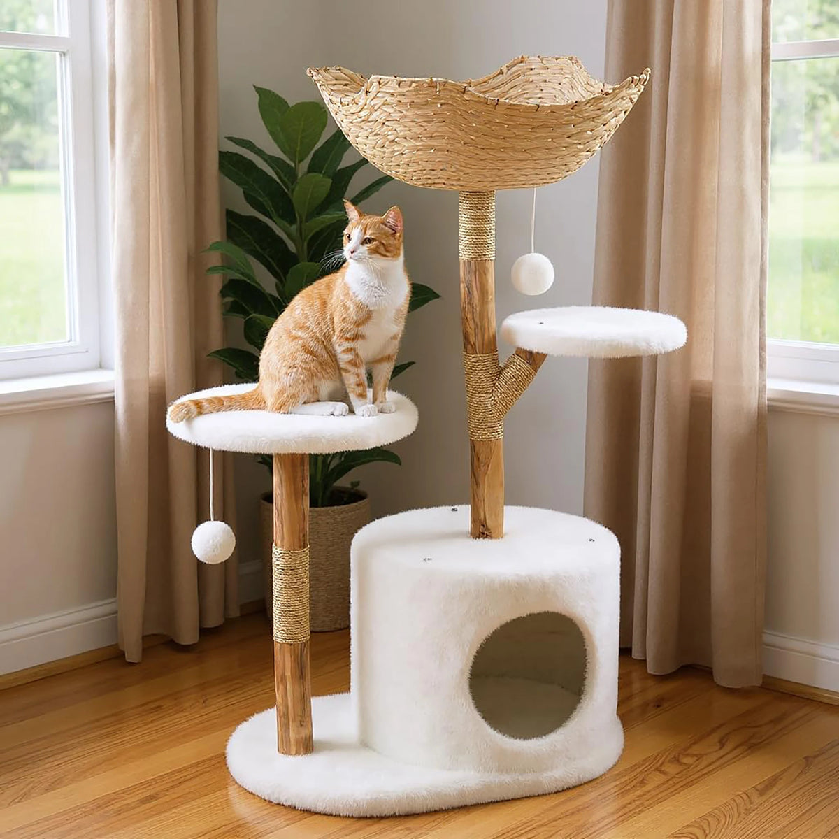 Modern Cat Tree with Real Wood – Wicker Condo & Scratching Post for Indoor Cats