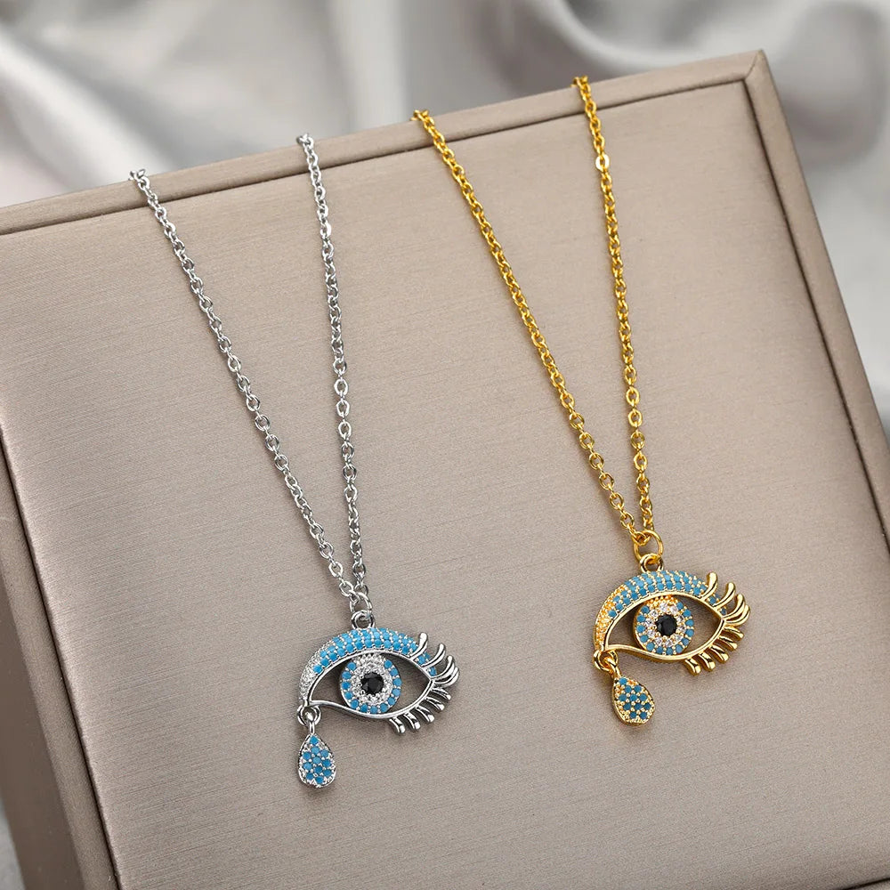 Zircon Blue Evil Eye Necklace for Women Gold Color Stainless Steel Necklace Lucky Turkish Eye Pendants Chain Jewelry Gift Collar