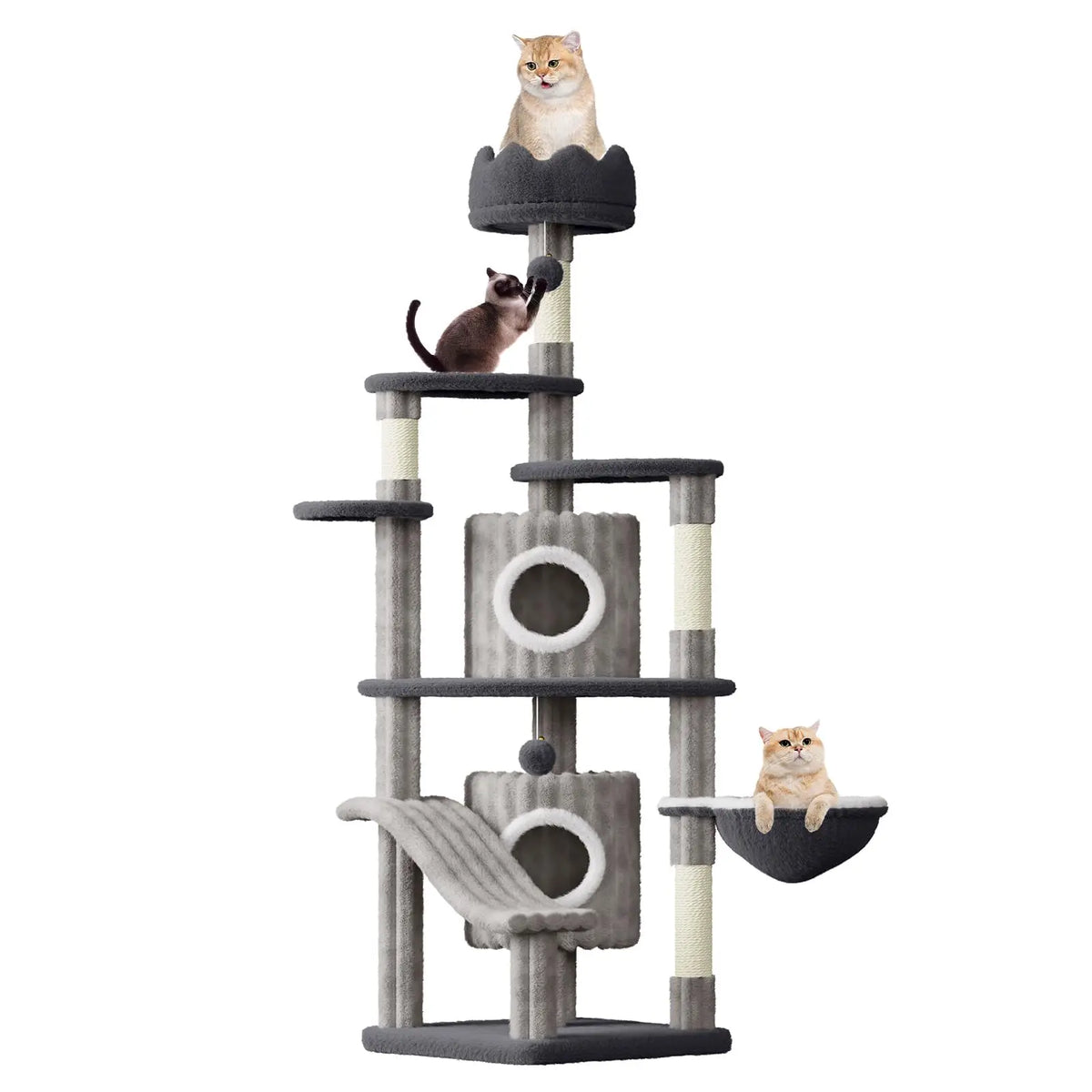 Large 162cm cat tree with five-tier structure and sisal scratching posts - full front view grey colour