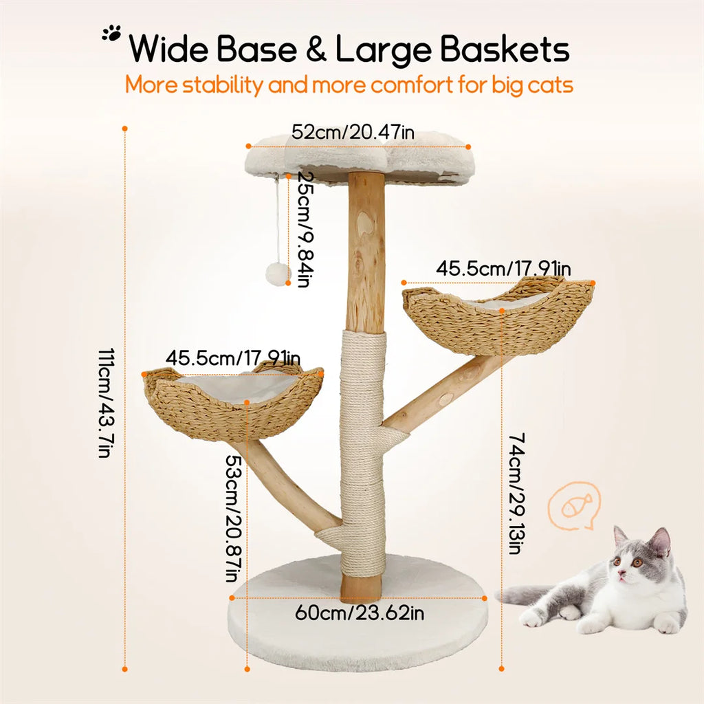 110cm Natural Wood Cat Tree Tower - Modern 3-Tier Climbing Furniture with Sisal Scratching Post & Plush Basket