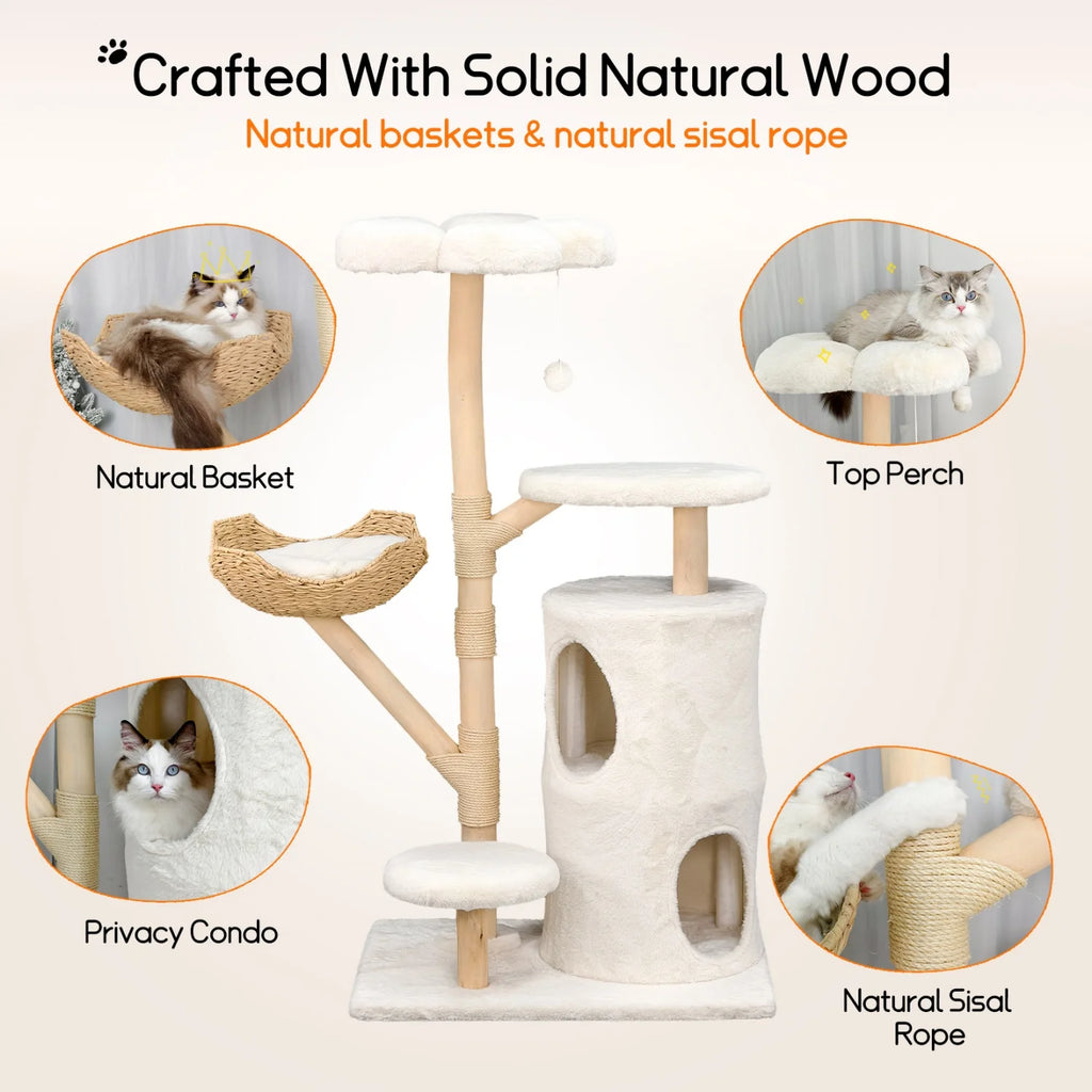 142cm Tall Cat Tree Tower – Large Cat Activity Center with Wicker Basket, Scratching Posts & Cozy Indoor Cat House