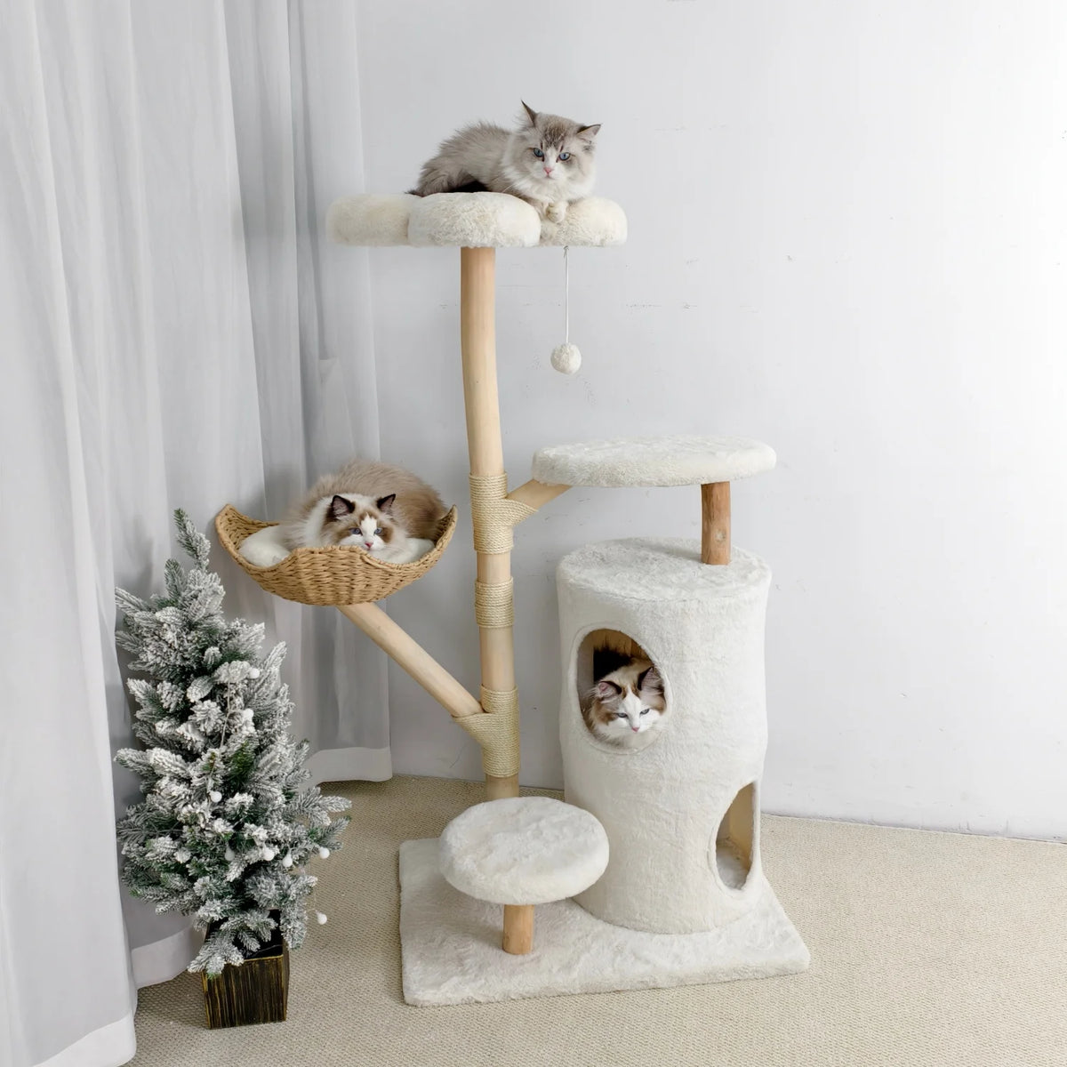 142cm Tall Cat Tree Tower – Large Cat Activity Center with Wicker Basket, Scratching Posts & Cozy Indoor Cat House