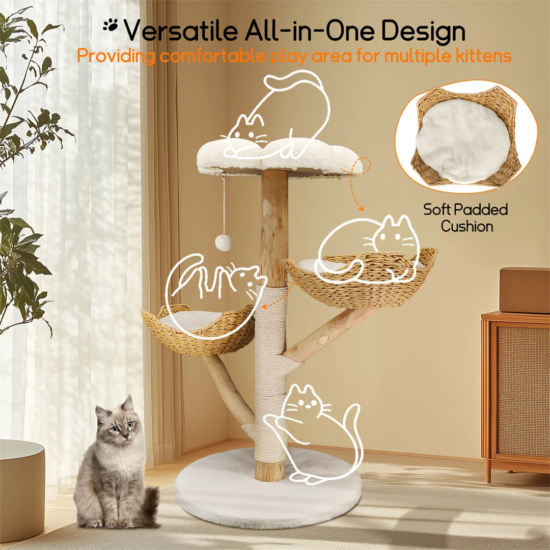 110cm Natural Wood Cat Tree Tower - Modern 3-Tier Climbing Furniture with Sisal Scratching Post & Plush Basket