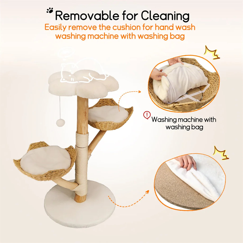 110cm Natural Wood Cat Tree Tower - Modern 3-Tier Climbing Furniture with Sisal Scratching Post & Plush Basket