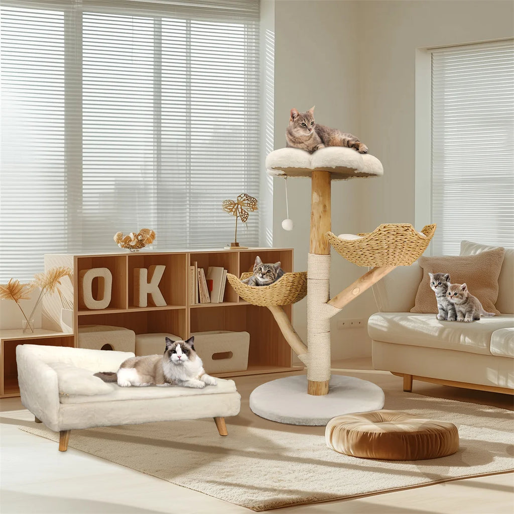 110cm Natural Wood Cat Tree Tower - Modern 3-Tier Climbing Furniture with Sisal Scratching Post & Plush Basket