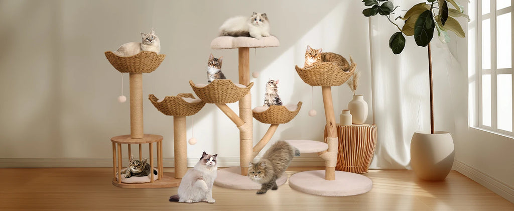 110cm Natural Wood Cat Tree Tower - Modern 3-Tier Climbing Furniture with Sisal Scratching Post & Plush Basket