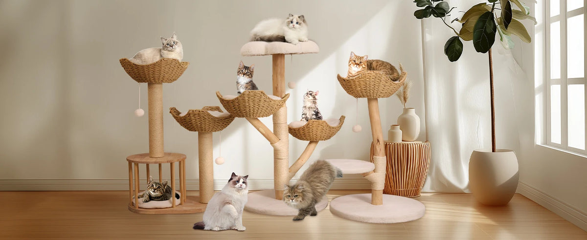 110cm Natural Wood Cat Tree Tower - Modern 3-Tier Climbing Furniture with Sisal Scratching Post & Plush Basket