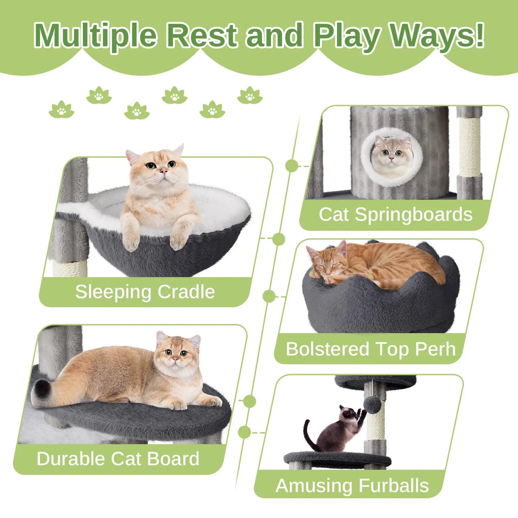 Cat resting in cozy basket on large 162cm tower structure