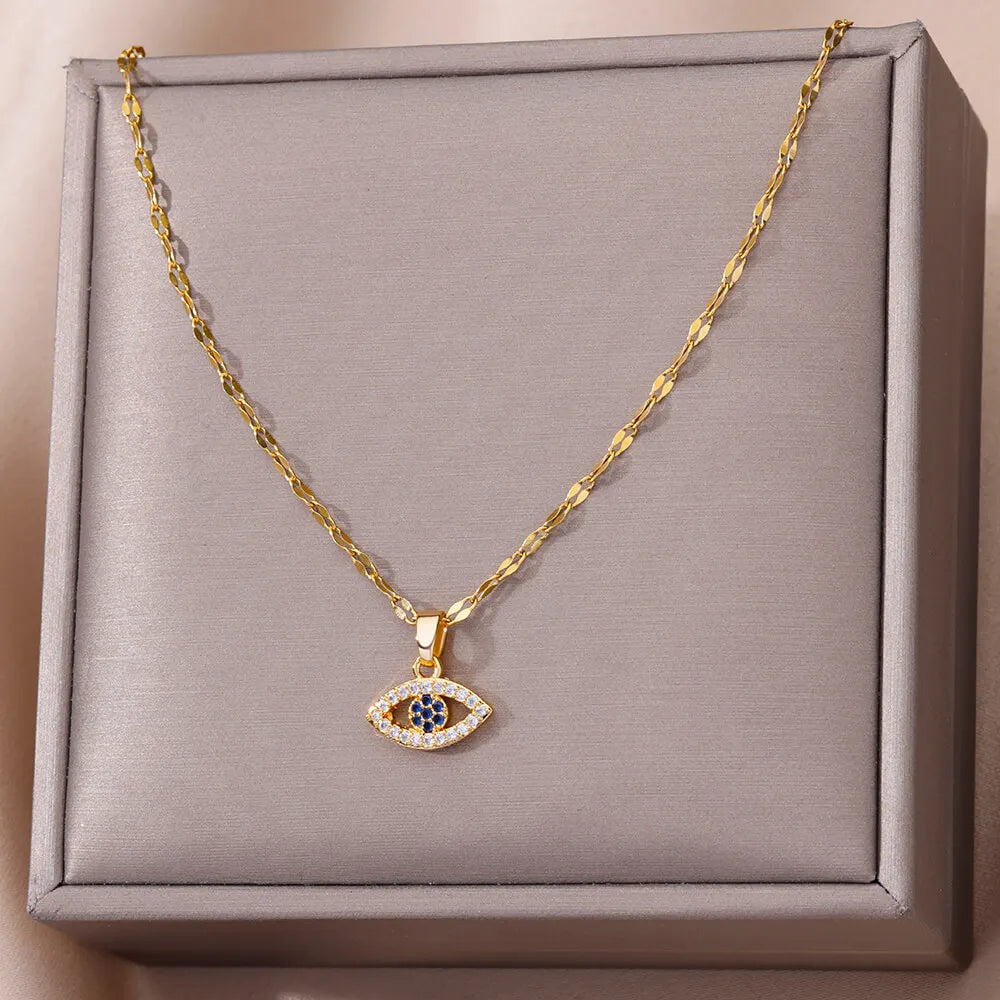 Zircon Blue Evil Eye Necklace for Women Gold Color Stainless Steel Necklace Lucky Turkish Eye Pendants Chain Jewelry Gift Collar