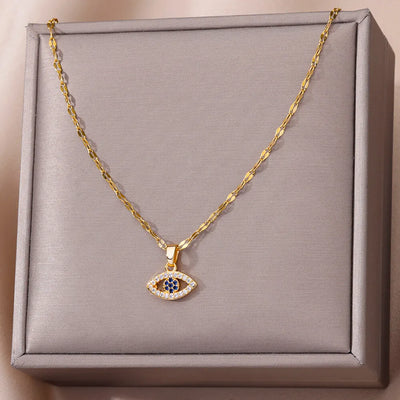Zircon Blue Evil Eye Necklace for Women Gold Color Stainless Steel Necklace Lucky Turkish Eye Pendants Chain Jewelry Gift Collar
