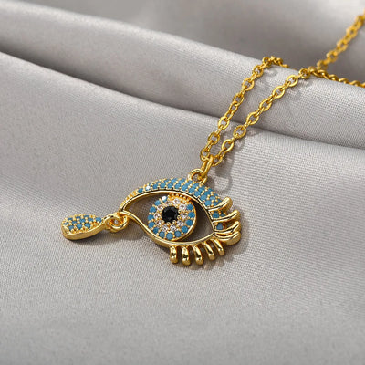 Zircon Blue Evil Eye Necklace for Women Gold Color Stainless Steel Necklace Lucky Turkish Eye Pendants Chain Jewelry Gift Collar