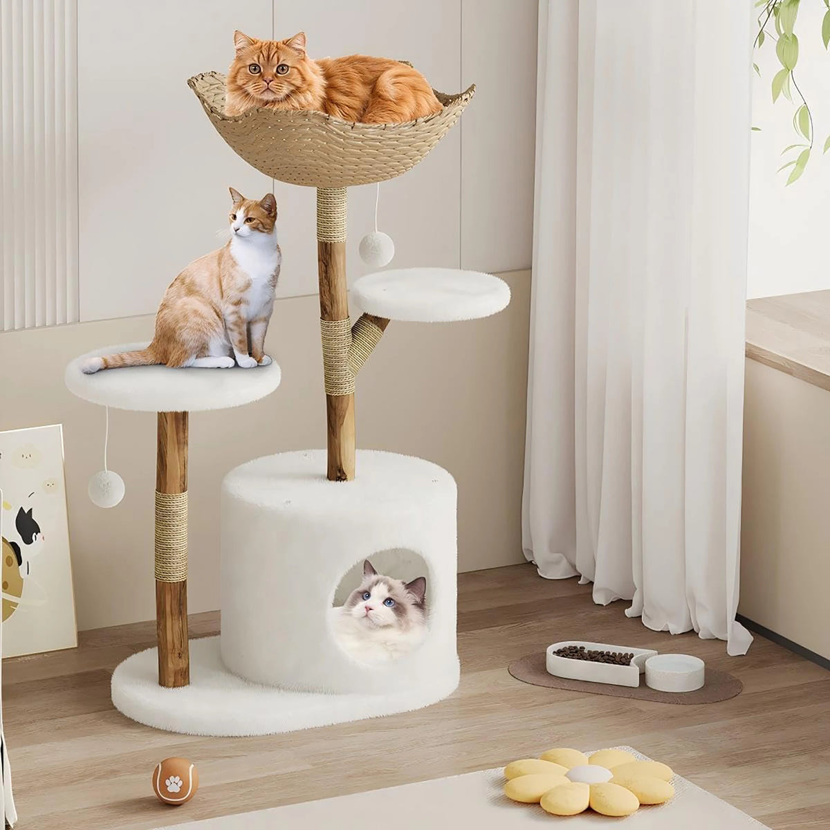 Modern Cat Tree with Real Wood – Wicker Condo & Scratching Post for Indoor Cats
