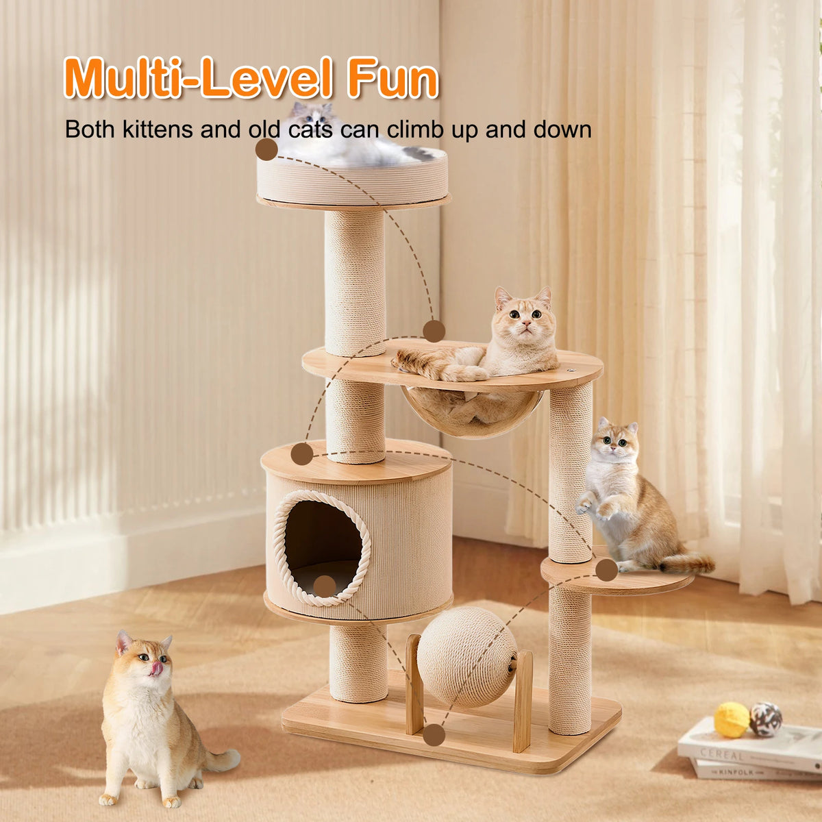 Cat Tree for Large Cats - 5 Tier Heavy Duty Cat Tower with XXL Hammock, Sisal Scratching Posts & Multi-Level Platforms | Indoor Cat Climbing Furniture - composition