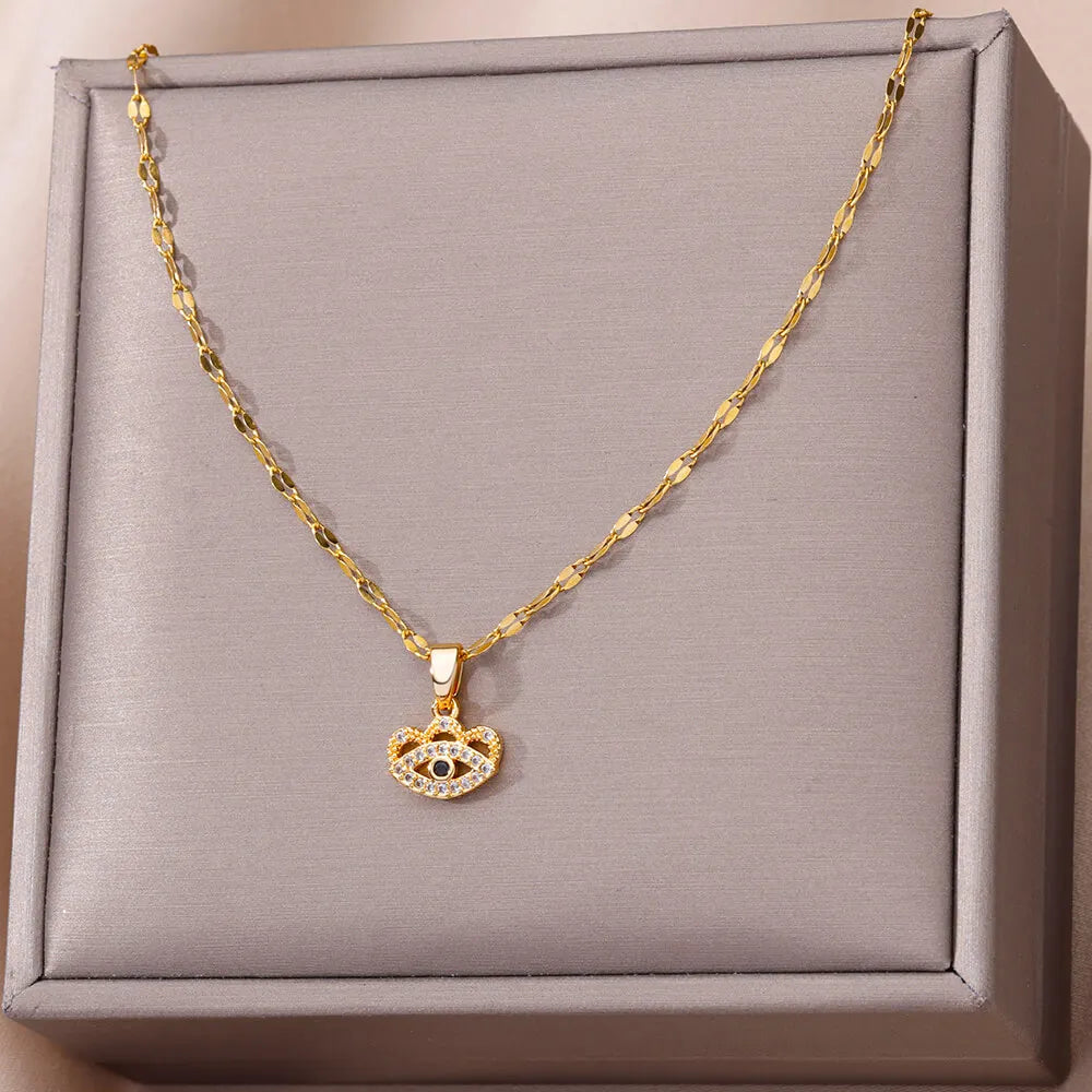 Zircon Blue Evil Eye Necklace for Women Gold Color Stainless Steel Necklace Lucky Turkish Eye Pendants Chain Jewelry Gift Collar