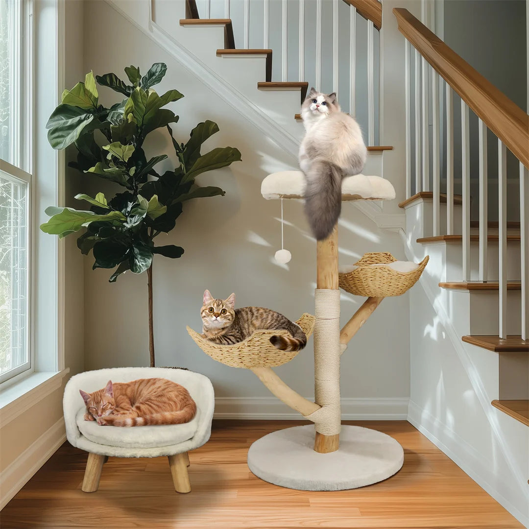 110cm Natural Wood Cat Tree Tower - Modern 3-Tier Climbing Furniture with Sisal Scratching Post & Plush Basket